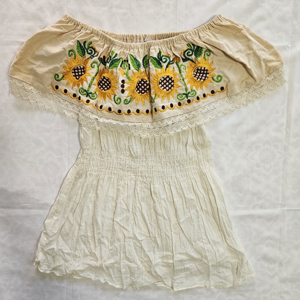Womens Mexican Off Shoulder Embroidered Sunflower Ivory Beige Shirt Blouse FLAW